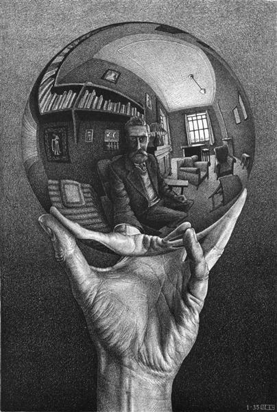 M.C.  Escher, Mão com esfera refletora, 1935. Fonte: Wikiart.org