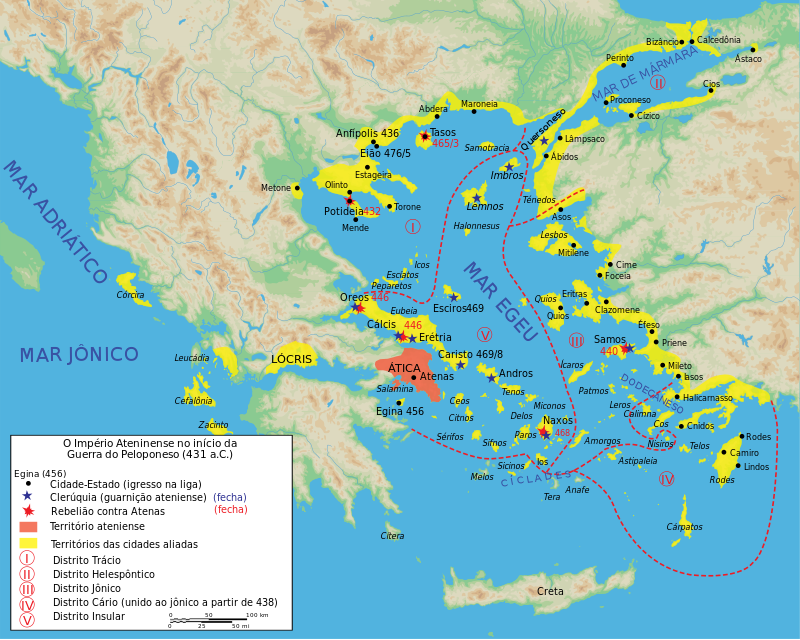Mapa de Atenas e da bacia do mar Egeu no séc. V a.C.. É visível a influência exercida por Atenas em todo o espaço do mar Egeu, em termos políticos e militares.